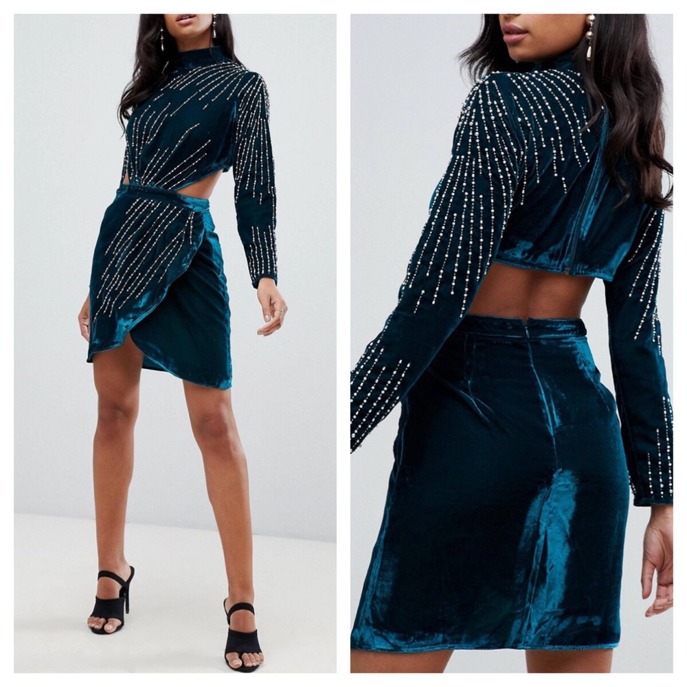 Beaded Velvet Teal Cutout Dress